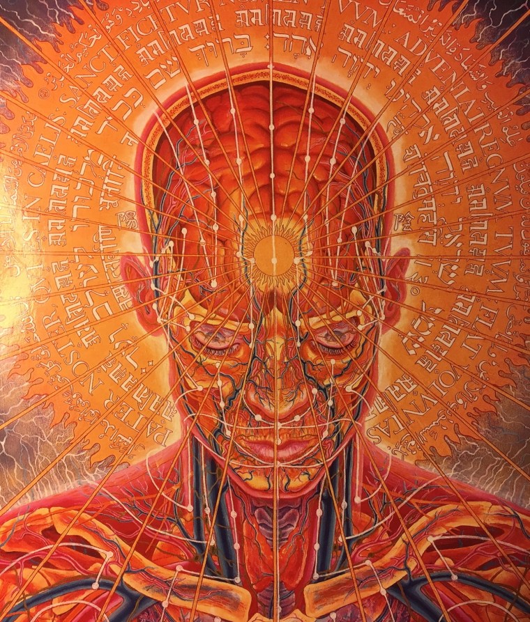 I("Praying," by Alex Gray, Oil on canvas, 1984)